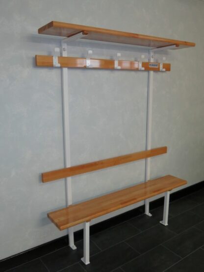 BANC VESTIAIRE MONOBLOC - DOSSIER, PORTE PATÈRES ET PAQUETS – HÊTRE LAMELLÉ COLLÉ – FIXATION MUR/SOL
