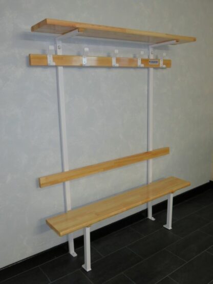 BANC VESTIAIRE MONOBLOC - DOSSIER, PORTE PATÈRES ET PAQUETS – SAPIN LAMELLÉ COLLÉ – FIXATION MUR/SOL