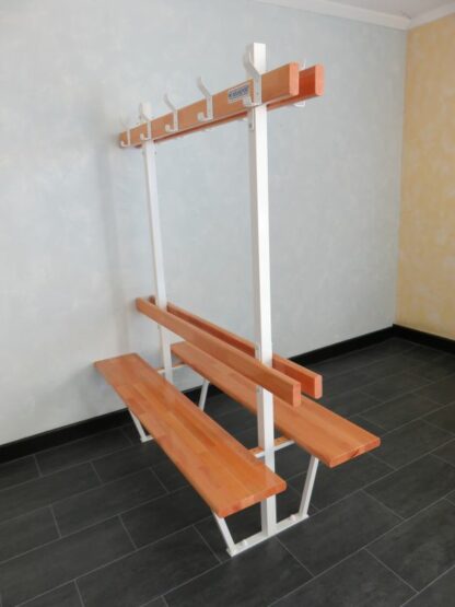 BANC VESTIAIRE DOUBLE MONOBLOC - DOSSIER, PORTE PATÈRES - HÊTRE LAMELLÉ COLLÉ - FIXATION SOL