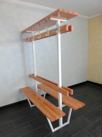 BANC VESTIAIRE DOUBLE MONOBLOC - DOSSIER, PORTE PATÈRES ET PAQUETS - HÊTRE LAMELLÉ COLLÉ - FIXATION SOL