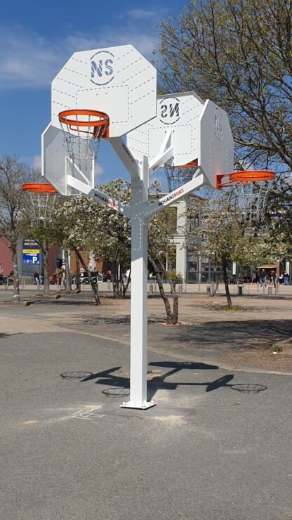 BÂTI DE TOUR DE BASKET 4 TÊTES EN ACIER GALVANISÉ BRUT 2 HAUTEURS DE CERCLE 3.05 ou 2,60M – DÉPORT 0,8M – À SCELLER OU SUR PLATINE - POUR PETITS PANNEAUX