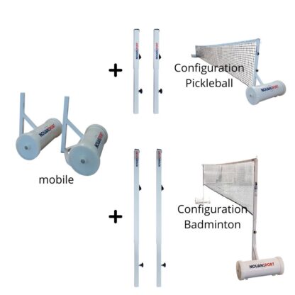 POTEAUX DE PICKLEBALL / BADMINTON 2 EN 1  AVEC RÉHAUSSES INTERCHANGEABLES - ACIER - SUR EMBASE MOBILE