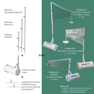 POTEAUX DE SOFT VOLLEY & VOLLEY M11 / PICKLEBALL / BADMINTON - 4 EN 1 - SUR EMBASES MOBILES