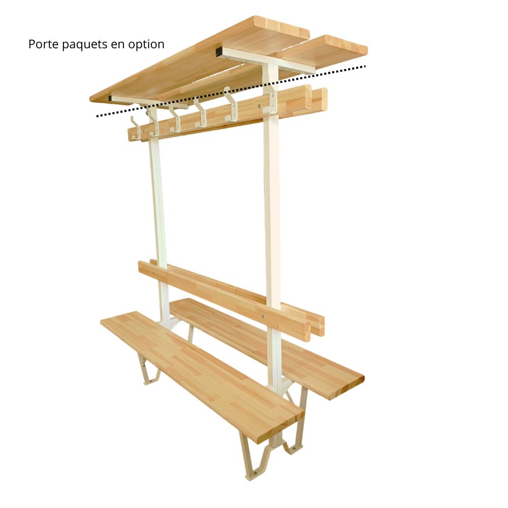 BANC DOUBLE AVEC DOSSIERS ET LISSES PATÈRES EN PIN LAMELLÉ COLLÉ - HAUTEUR TOTALE 1830 MM - LARGEUR TOTALE 690 MM - FIXATION AU SOL