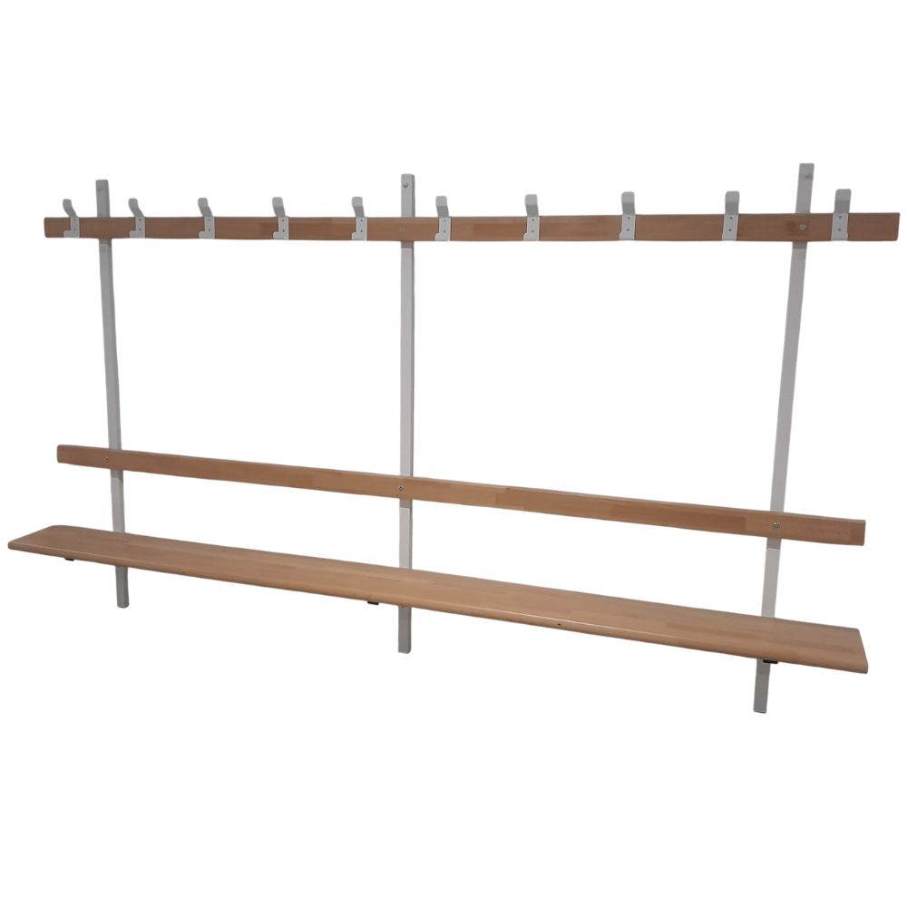 BANC PIN LAMELLÉ COLLÉ – AVEC DOSSIER & LISSE PATERES FIXATION SUR MUR PORTEUR