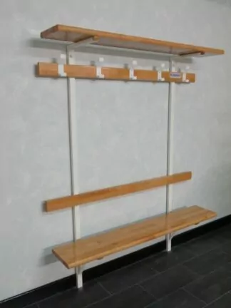 BANC VESTIAIRE MONOBLOC - DOSSIER, PORTE PATÈRES ET PAQUETS – HÊTRE LAMELLÉ COLLÉ – FIXATION MURALE