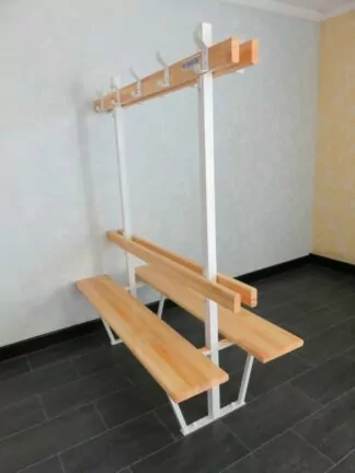 BANC VESTIAIRE DOUBLE MONOBLOC - DOSSIER, PORTE PATÈRES - SAPIN LAMELLÉ COLLÉ - FIXATION SOL
