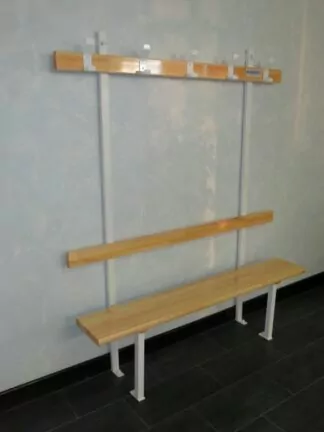 BANC VESTIAIRE MONOBLOC - DOSSIER ET PORTE PATÈRES – SAPIN LAMELLÉ COLLÉ - FIXATION MUR/SOL