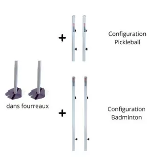 POTEAUX DE PICKLEBALL / BADMINTON 2 EN 1  AVEC RÉHAUSSES INTERCHANGEABLES - ACIER - POUR FOURREAUX