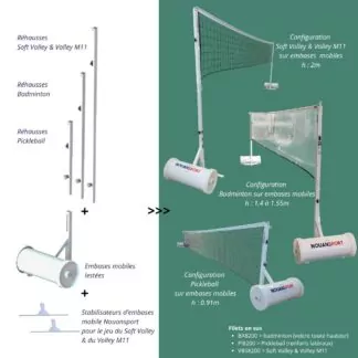 POTEAUX DE SOFT VOLLEY & VOLLEY M11 / PICKLEBALL / BADMINTON - 4 EN 1 - SUR EMBASES MOBILES